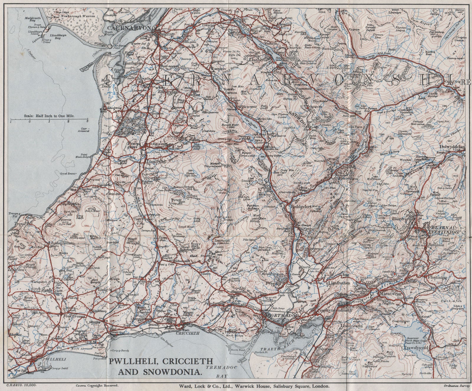 SNOWDONIA NORTH. Pwllheli Criccieth Carnarvon Llanberis. WARD LOCK 1935 map